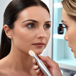**

A beauty consultant examining a customer's skin, analyzing their skin type and discussing skincare routines. Focus on the consultant providing professional advice. Include modern beauty products and tools in the background.

**