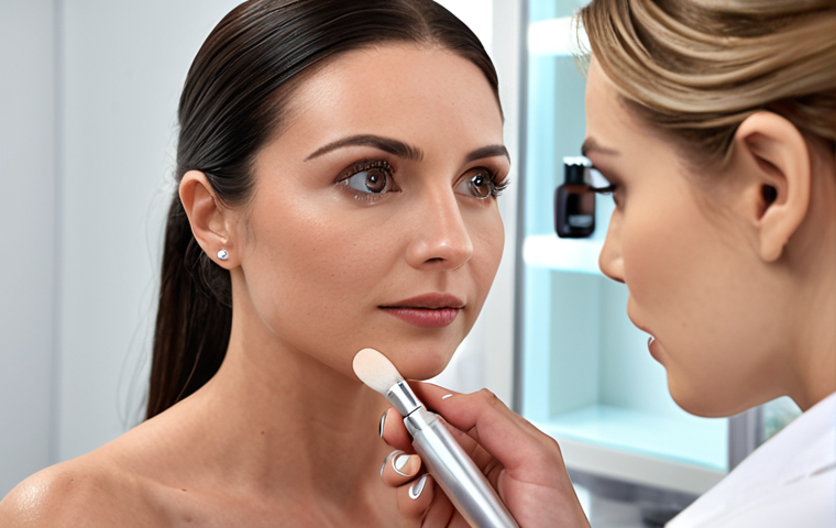 **

A beauty consultant examining a customer's skin, analyzing their skin type and discussing skincare routines. Focus on the consultant providing professional advice. Include modern beauty products and tools in the background.

**