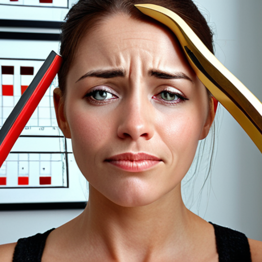 A female beauty consultant, appearing physically and emotionally exhausted, yet maintaining a forced smile in a modern salon setting. Above her head, abstract elements symbolize overwhelming sales targets (numbers, charts, or a metaphorical "Sword of Damocles") and demanding customer expectations (exaggerated ideal results or thought bubbles). Her posture is slightly slumped, conveying a sense of internal burden and the silent pressure of her profession, perhaps with a subtle tear in her eye or a longing gaze towards a peaceful escape. High detail, realistic photography.