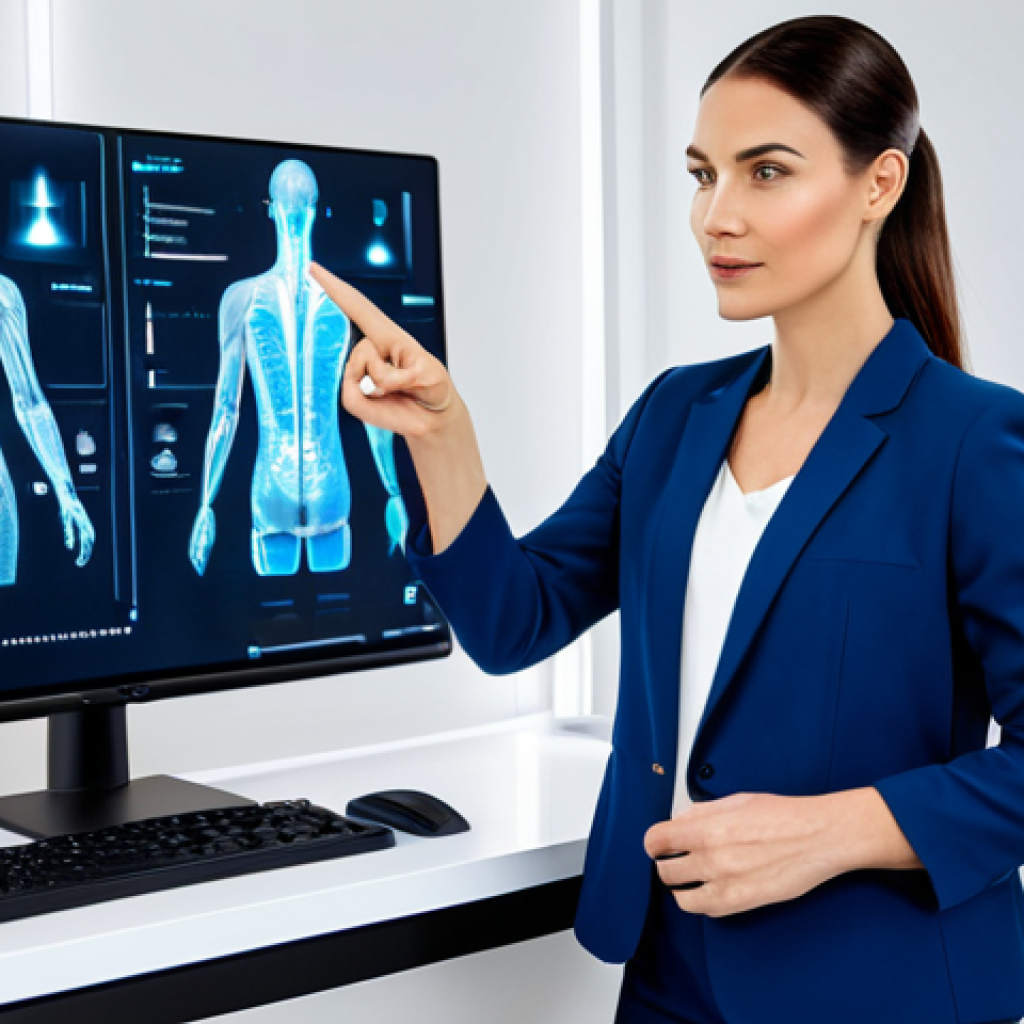 A professional female beauty consultant in her early 30s, wearing a crisp, modest business blazer and smart trousers. She is standing beside a sleek, futuristic AI skin analysis device, pointing to a holographic display that shows detailed skin data. Her expression is focused, expert, and confident, highlighting a data-driven approach. The environment is a brightly lit, minimalist modern beauty clinic with clean lines and subtle technological accents. professional photography, ultra high definition, perfect anatomy, correct proportions, natural pose, well-formed hands, proper finger count, natural body proportions, fully clothed, modest clothing, appropriate attire, professional dress, safe for work, appropriate content.