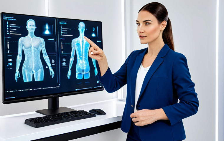 A professional female beauty consultant in her early 30s, wearing a crisp, modest business blazer and smart trousers. She is standing beside a sleek, futuristic AI skin analysis device, pointing to a holographic display that shows detailed skin data. Her expression is focused, expert, and confident, highlighting a data-driven approach. The environment is a brightly lit, minimalist modern beauty clinic with clean lines and subtle technological accents. professional photography, ultra high definition, perfect anatomy, correct proportions, natural pose, well-formed hands, proper finger count, natural body proportions, fully clothed, modest clothing, appropriate attire, professional dress, safe for work, appropriate content.