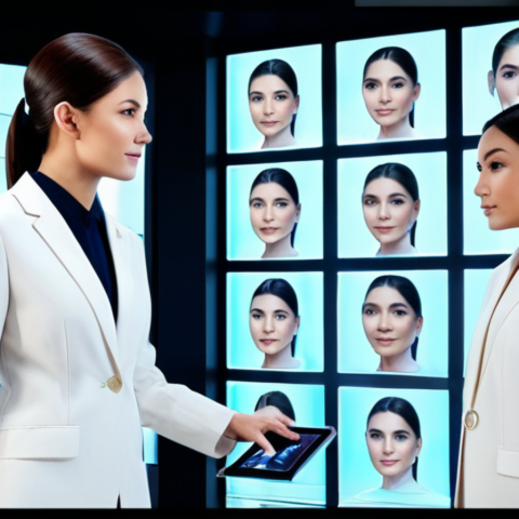 A professional female beauty expert, fully clothed in a modest, elegant business suit, interacting with a transparent holographic display. The display showcases various virtual makeup try-on options and AI-driven personalized skincare data visualizations, rendered with sleek graphics. The setting is a futuristic, brightly lit beauty technology laboratory, featuring clean lines and advanced, subtle machinery. The image emphasizes digital innovation and personalized beauty experiences. safe for work, appropriate content, perfect anatomy, correct proportions, natural pose, well-formed hands, proper finger count, natural body proportions, professional photography, high quality.