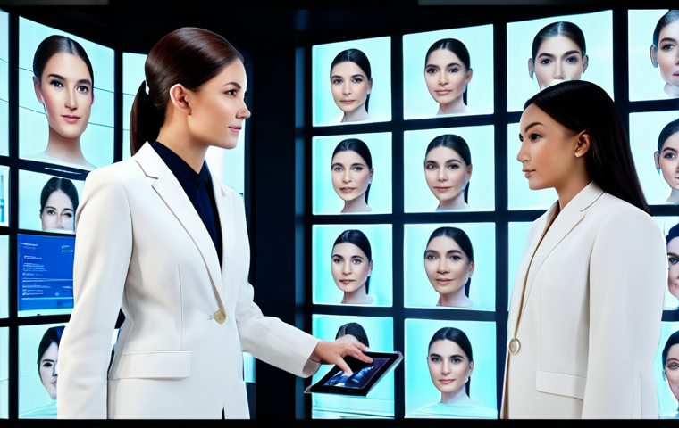 A professional female beauty expert, fully clothed in a modest, elegant business suit, interacting with a transparent holographic display. The display showcases various virtual makeup try-on options and AI-driven personalized skincare data visualizations, rendered with sleek graphics. The setting is a futuristic, brightly lit beauty technology laboratory, featuring clean lines and advanced, subtle machinery. The image emphasizes digital innovation and personalized beauty experiences. safe for work, appropriate content, perfect anatomy, correct proportions, natural pose, well-formed hands, proper finger count, natural body proportions, professional photography, high quality.
