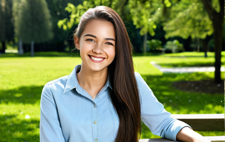 **

"A young woman with clear skin, fully clothed in modest casual wear, enjoying a sunny day outdoors. She's smiling confidently. Background includes a park with lush greenery. Focus on a healthy glow and natural beauty. Safe for work, appropriate content, fully clothed, professional, modest, family-friendly, perfect anatomy, correct proportions, natural pose, well-formed hands, proper finger count, natural body proportions, high quality."

**