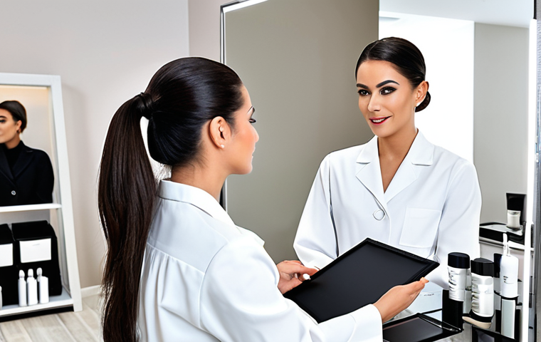 뷰티컨설턴트 직업적 평가 기준 - "A professional beauty consultant, fully clothed in appropriate attire, standing in a modern cosmeti...