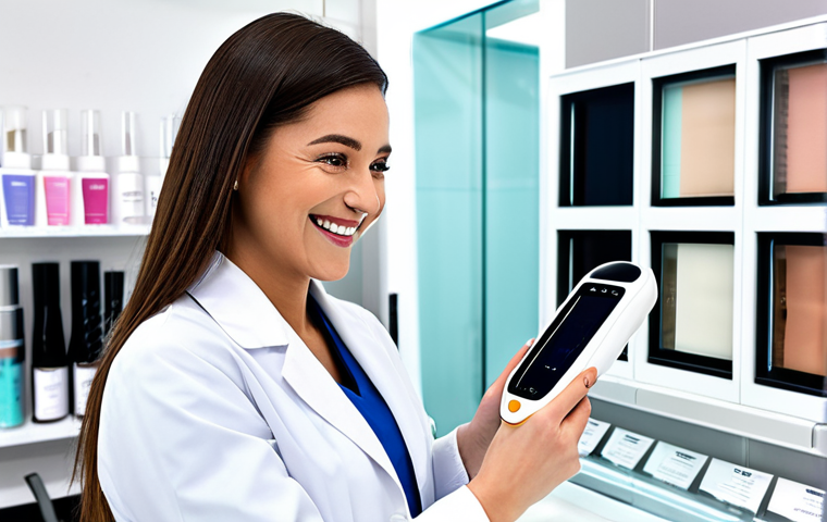 뷰티컨설턴트 산업 트렌드 공유 - **

A friendly and professional beauty consultant using a handheld skin analysis device on a client ...