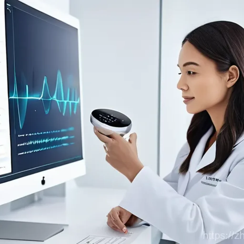 뷰티컨설턴트 취업 대비 자료 - **A highly professional female beauty consultant meticulously conducting a high-tech skin analysis o...