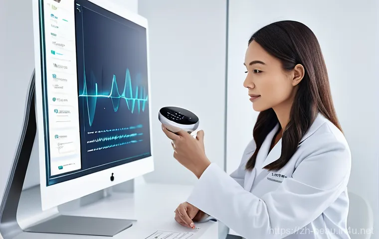 뷰티컨설턴트 취업 대비 자료 - **A highly professional female beauty consultant meticulously conducting a high-tech skin analysis o...