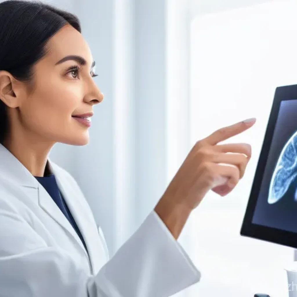 뷰티컨설턴트 현업 꿀팁 - The consultant is gesturing towards a high-tech skin analysis device or a digital screen displaying ...