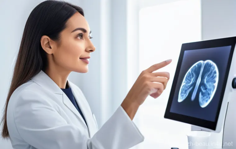 뷰티컨설턴트 현업 꿀팁 - The consultant is gesturing towards a high-tech skin analysis device or a digital screen displaying ...