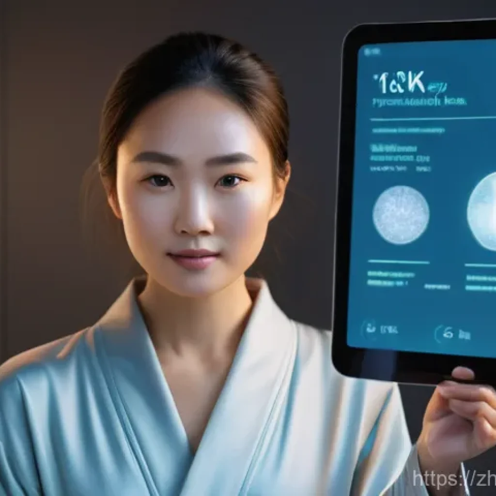 뷰티컨설턴트 최신 기술 연구 사례 - **AI Smart Skin Analysis at Home**
    A high-resolution, realistic photograph of a young woman in h...