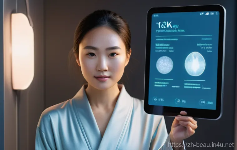 뷰티컨설턴트 최신 기술 연구 사례 - **AI Smart Skin Analysis at Home**
    A high-resolution, realistic photograph of a young woman in h...