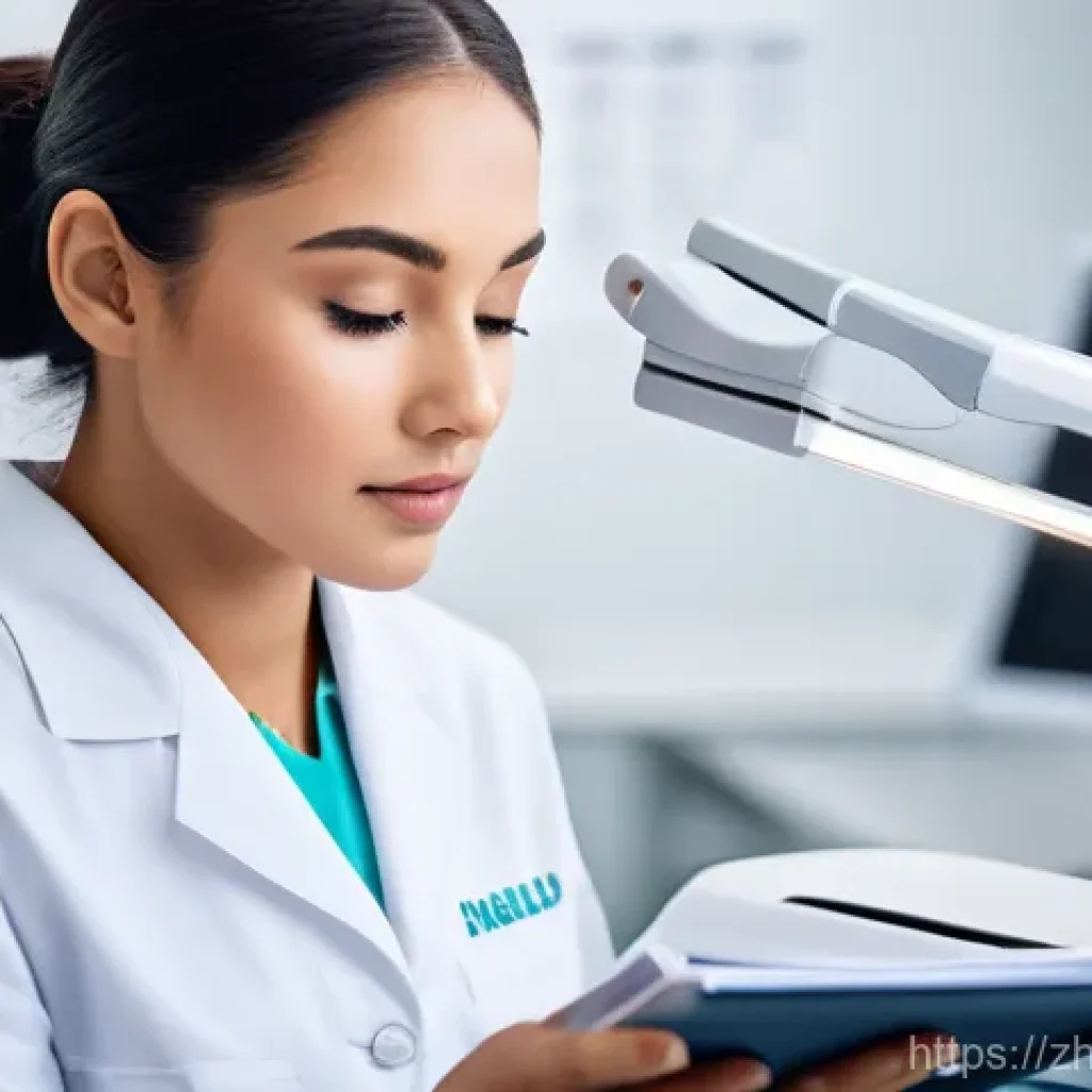 뷰티컨설턴트 자격증 시험 패턴 - A focused female beauty student, wearing a neat, professional uniform, is diligently studying in a w...