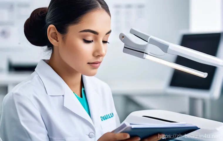 뷰티컨설턴트 자격증 시험 패턴 - A focused female beauty student, wearing a neat, professional uniform, is diligently studying in a w...