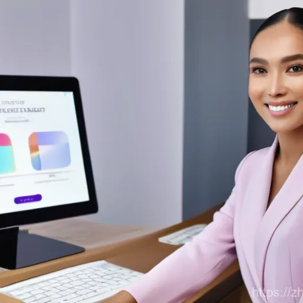 뷰티컨설턴트 산업 내 위치 분석 사례 연구 - **Aesthetic Leader in a Hybrid Setting:** A stylish and professional beauty advisor, a diverse woman...