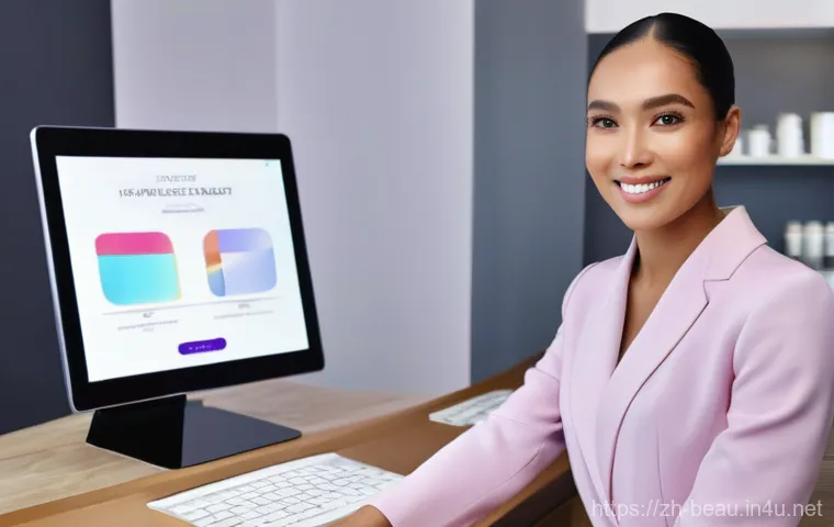 뷰티컨설턴트 산업 내 위치 분석 사례 연구 - **Aesthetic Leader in a Hybrid Setting:** A stylish and professional beauty advisor, a diverse woman...