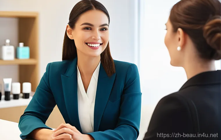 뷰티컨설턴트 직무 코칭 후기 - **Prompt 2: The Guidance of a Mentor**
    "Two female beauty consultants are in a well-appointed, c...