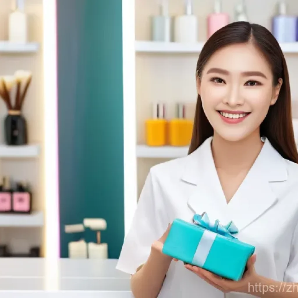 뷰티컨설턴트 고객 후기 관리 - **Prompt 1: "A cheerful young female customer, with perfectly styled hair and radiant skin, happily ...