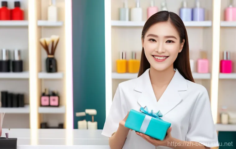 뷰티컨설턴트 고객 후기 관리 - **Prompt 1: "A cheerful young female customer, with perfectly styled hair and radiant skin, happily ...