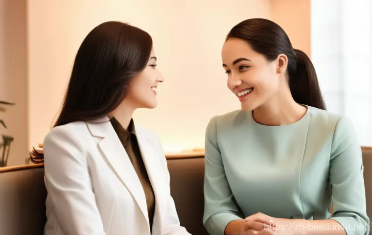 뷰티컨설턴트 고객 후기 관리 - **Prompt 1: "A cheerful young female customer, with perfectly styled hair and radiant skin, happily ...