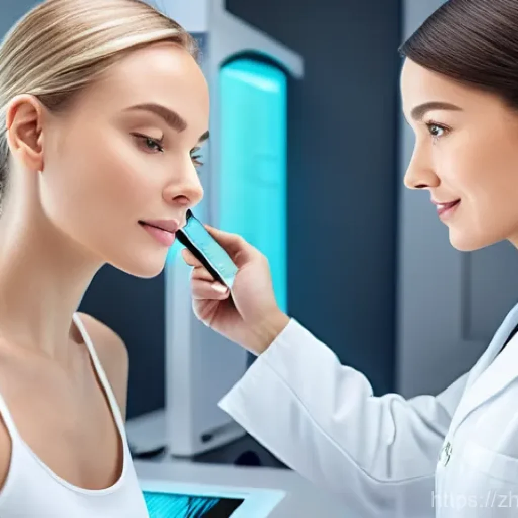 뷰티컨설턴트 새로운 기술 습득 - **AI Smart Skin Analysis Consultation**
    A professional female beauty consultant, in a sleek, mod...
