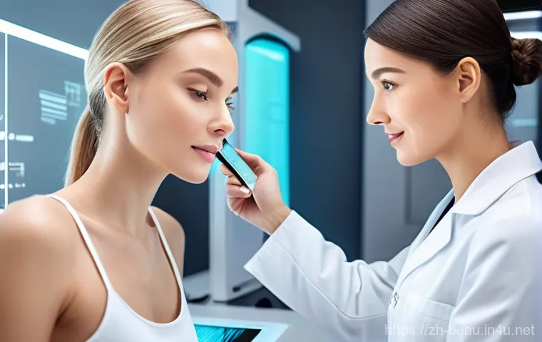 뷰티컨설턴트 새로운 기술 습득 - **AI Smart Skin Analysis Consultation**
    A professional female beauty consultant, in a sleek, mod...