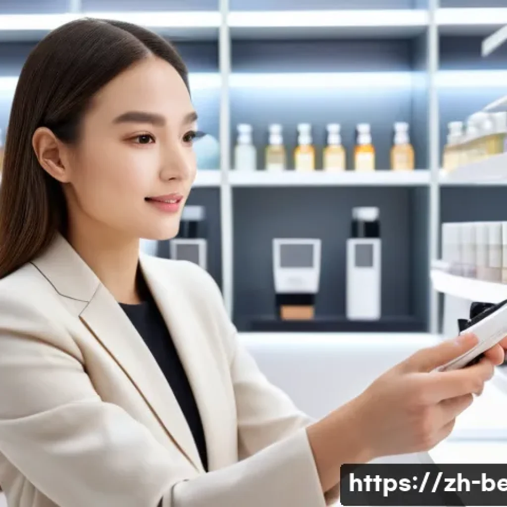 뷰티컨설턴트 조직 내 주요 역할 사례 - **Prompt:** A female beauty consultant, dressed in a sleek, modern, professional beige pantsuit, is ...