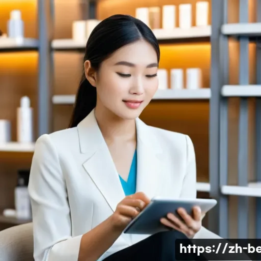 뷰티컨설턴트 역할과 책임 - **Prompt:** A warm and inviting scene in a modern beauty consultation studio. A young Asian woman, d...