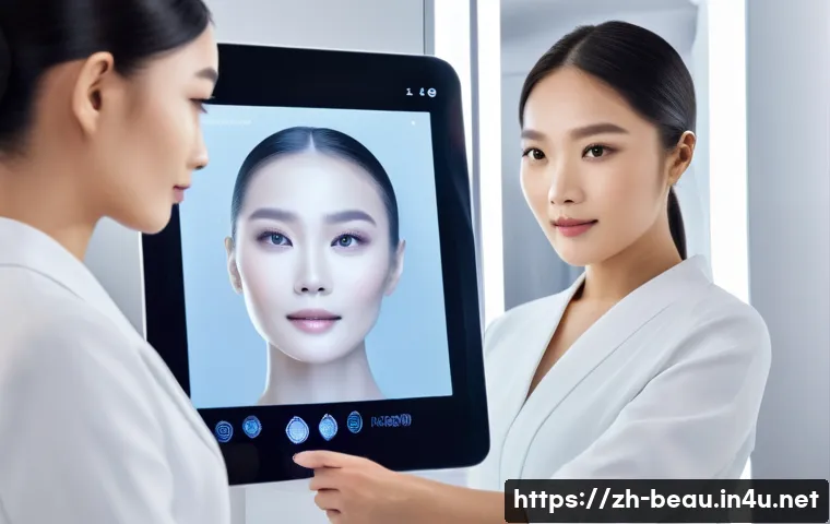 뷰티컨설턴트 주요 업계 뉴스 정리 - A modern beauty consultant using an advanced AI-powered smart mirror in a sleek, high-tech beauty st...