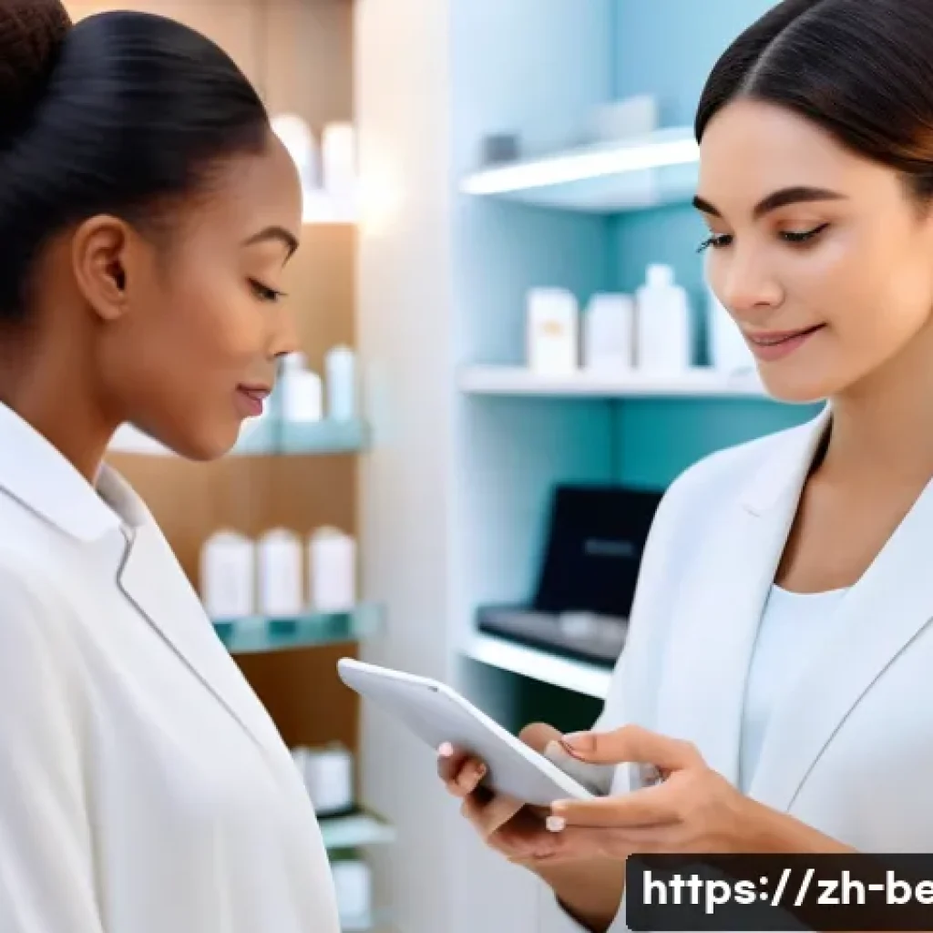 뷰티컨설턴트 주요 시장 분석 사례 - A modern beauty consultant interacting warmly with a young female client in a stylish, bright skinca...