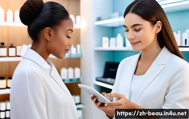 뷰티컨설턴트 주요 시장 분석 사례 - A modern beauty consultant interacting warmly with a young female client in a stylish, bright skinca...