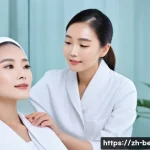 뷰티컨설턴트 상담 시뮬레이션 - A modern skincare consultation scene featuring a professional beauty advisor using a UV light device...