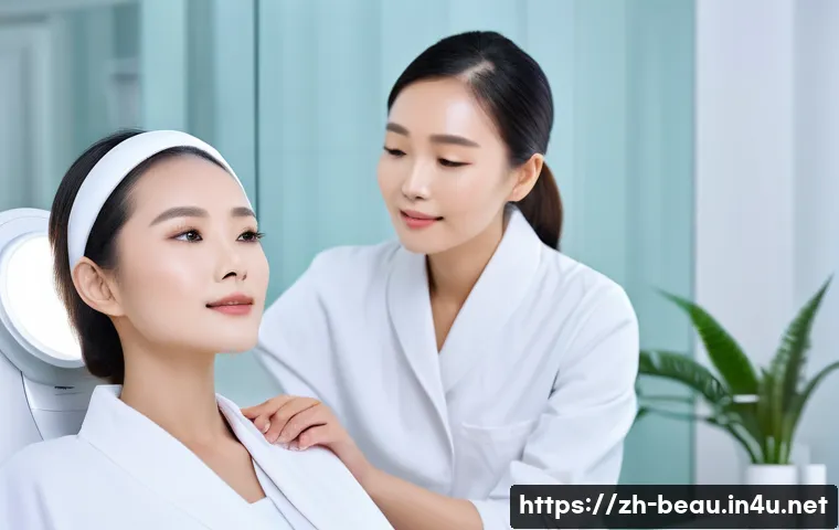 뷰티컨설턴트 상담 시뮬레이션 - A modern skincare consultation scene featuring a professional beauty advisor using a UV light device...