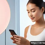 뷰티컨설턴트 필수 도구 및 자료 - A modern beauty consultant using a high-precision portable color analysis device connected to a smar...