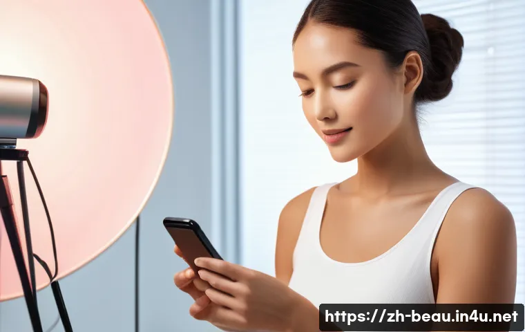 뷰티컨설턴트 필수 도구 및 자료 - A modern beauty consultant using a high-precision portable color analysis device connected to a smar...
