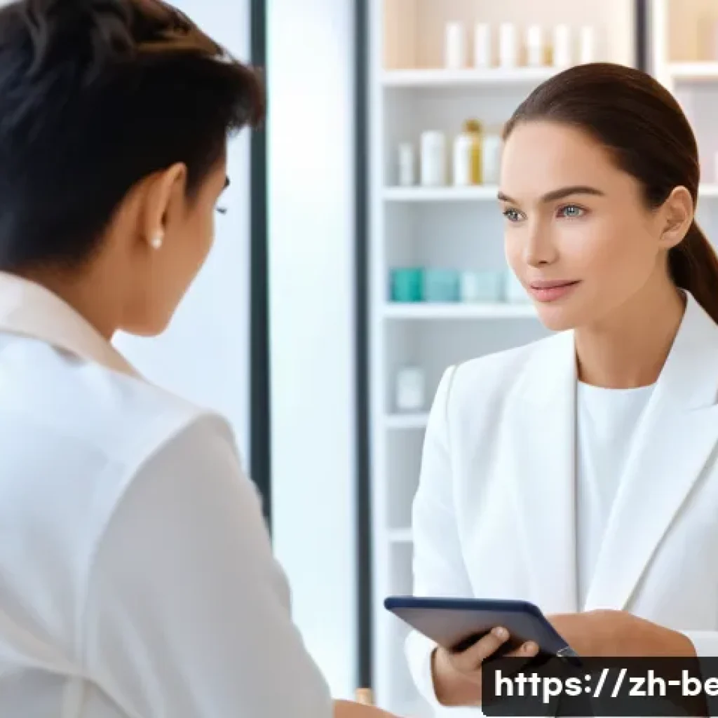 뷰티컨설턴트 커리어 빌딩 전략 - A professional beauty consultant attentively listening to a female client’s skincare concerns in a m...