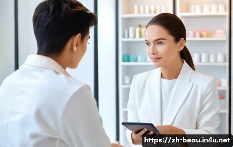 뷰티컨설턴트 커리어 빌딩 전략 - A professional beauty consultant attentively listening to a female client&rsquo;s skincare concerns in a m...