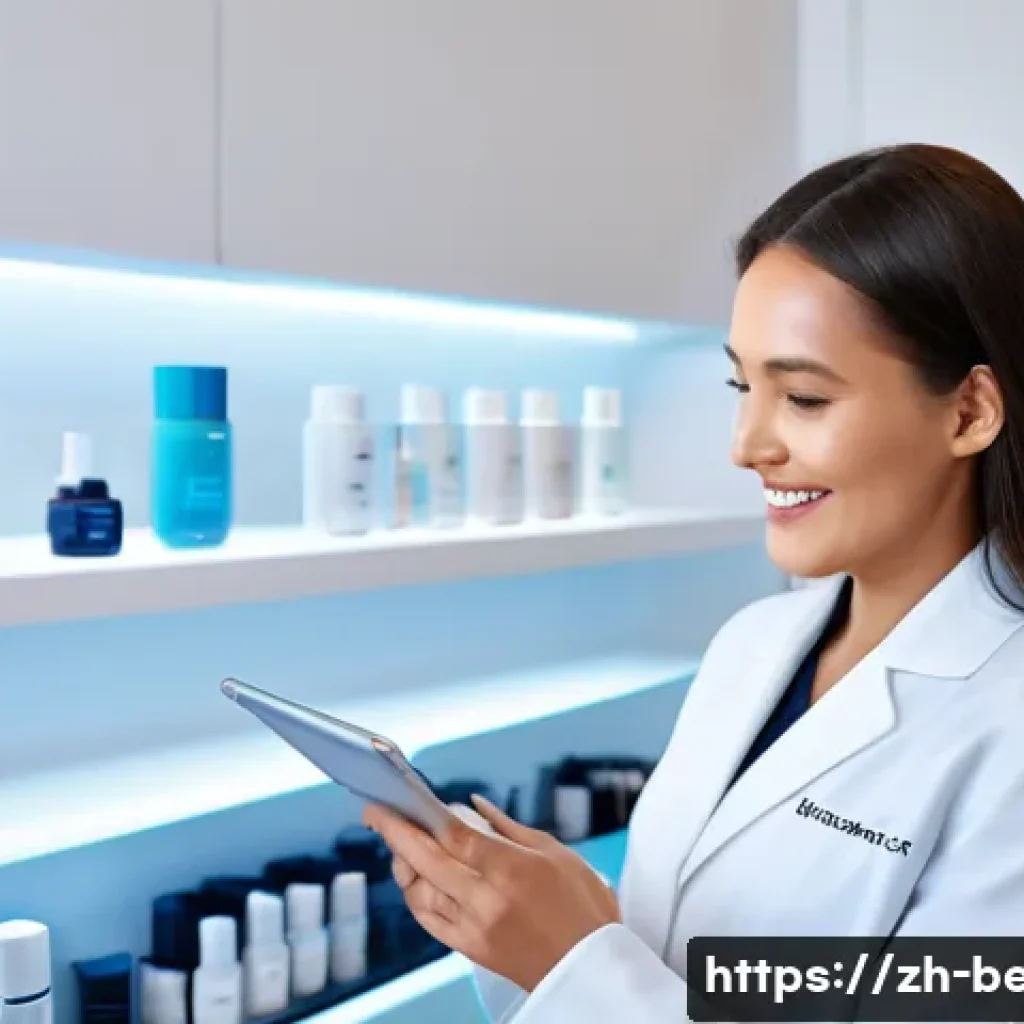 뷰티컨설턴트 이력서 작성 팁 - A professional beauty consultant in a modern skincare boutique, wearing stylish yet modest professio...
