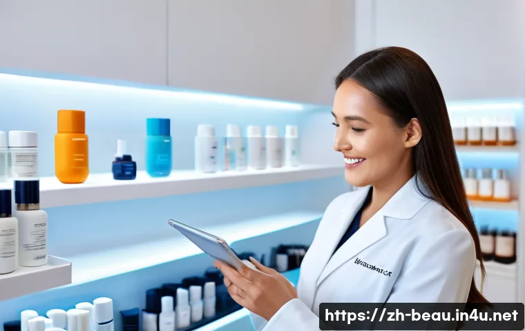 뷰티컨설턴트 이력서 작성 팁 - A professional beauty consultant in a modern skincare boutique, wearing stylish yet modest professio...