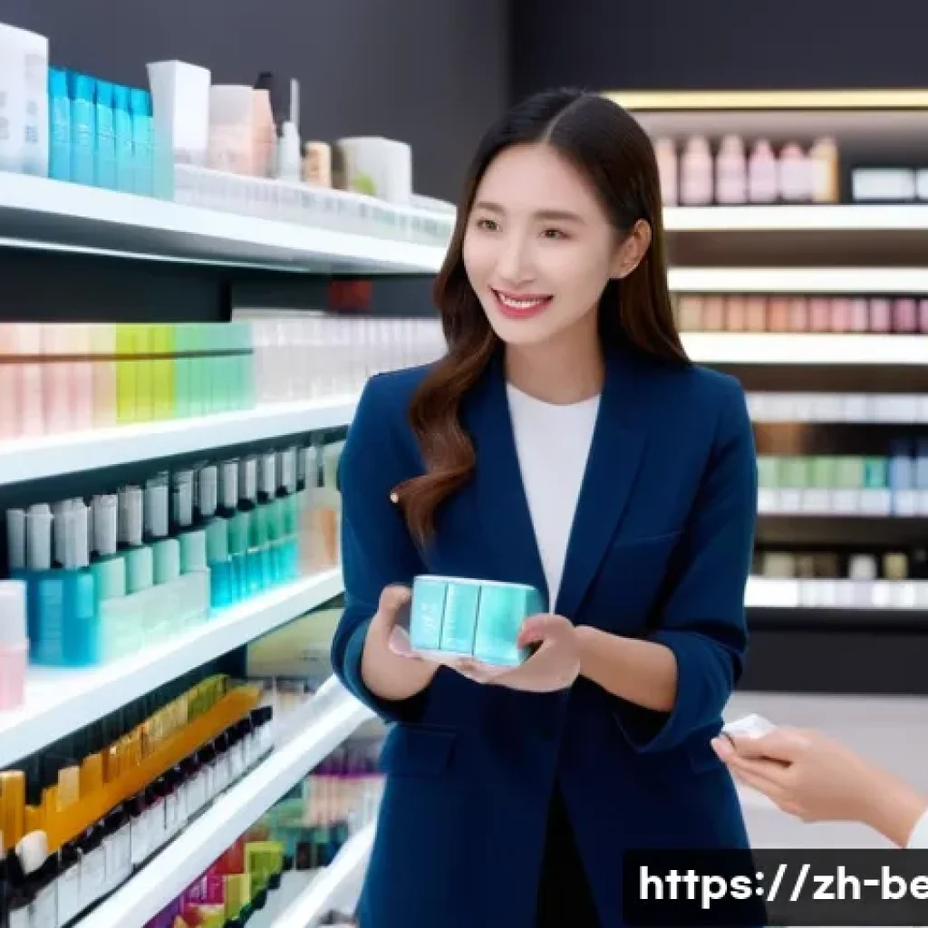 뷰티컨설턴트 필수 스킬 학습 사례 - A professional female beauty consultant in a modern cosmetics store, explaining skincare product ing...