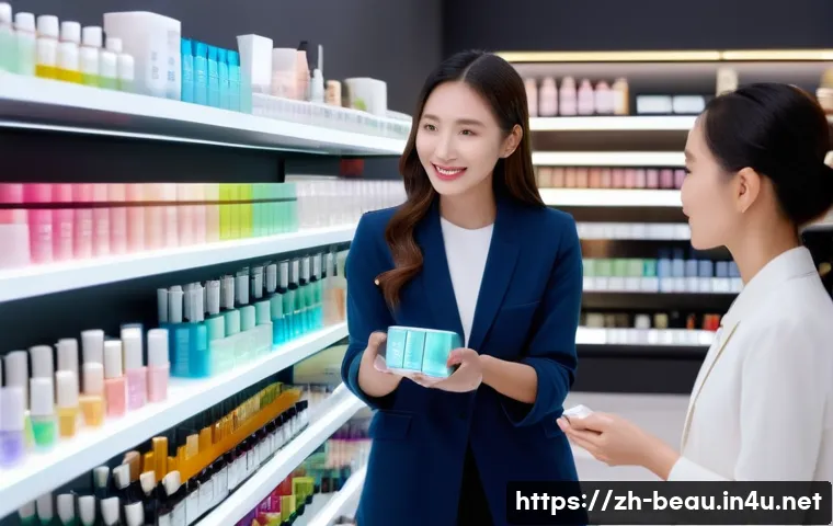 뷰티컨설턴트 필수 스킬 학습 사례 - A professional female beauty consultant in a modern cosmetics store, explaining skincare product ing...