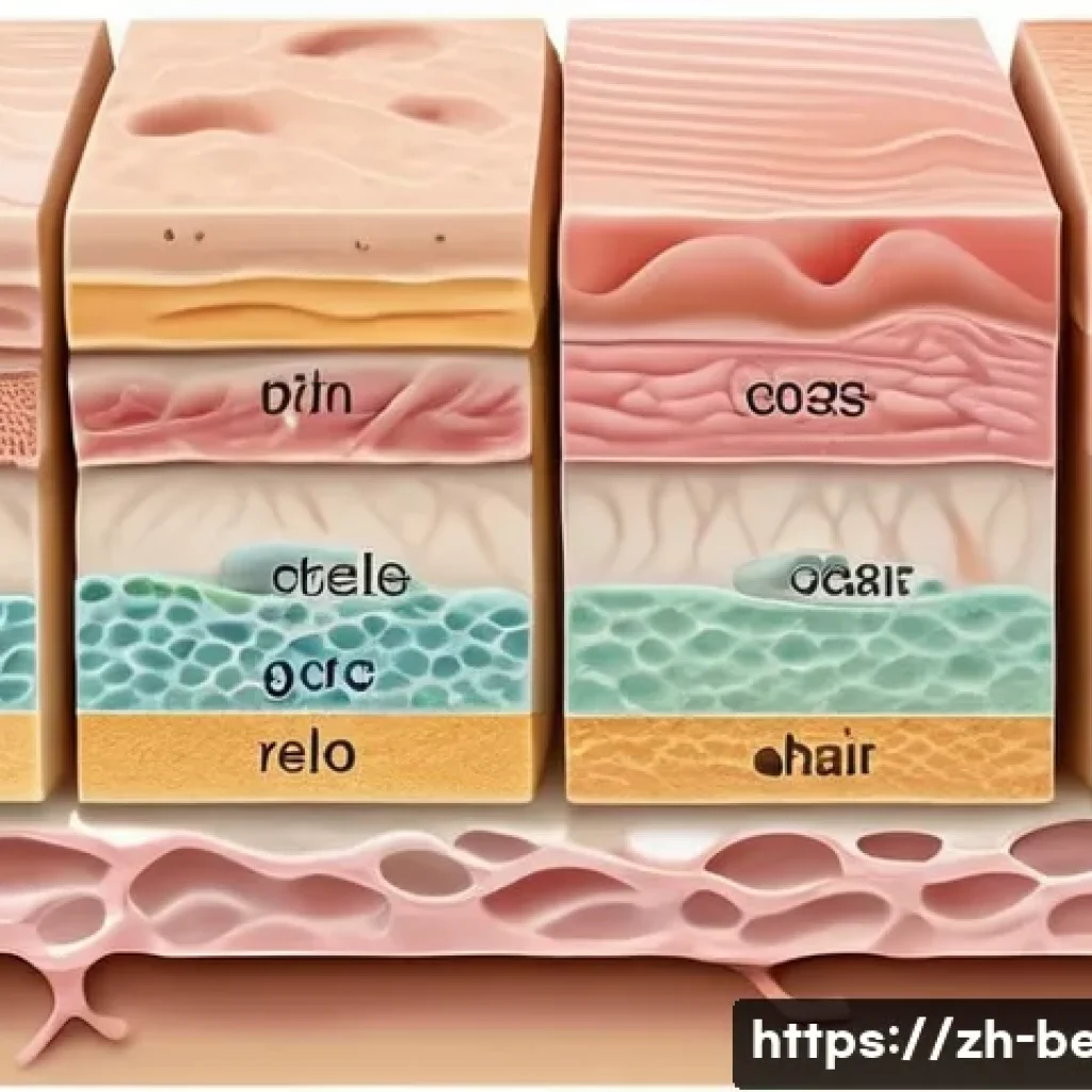 뷰티컨설턴트 자격시험 연습문제 - A detailed, realistic illustration of human skin layers showing the epidermis, dermis, and subcutane...