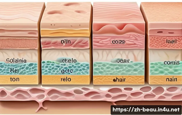 뷰티컨설턴트 자격시험 연습문제 - A detailed, realistic illustration of human skin layers showing the epidermis, dermis, and subcutane...
