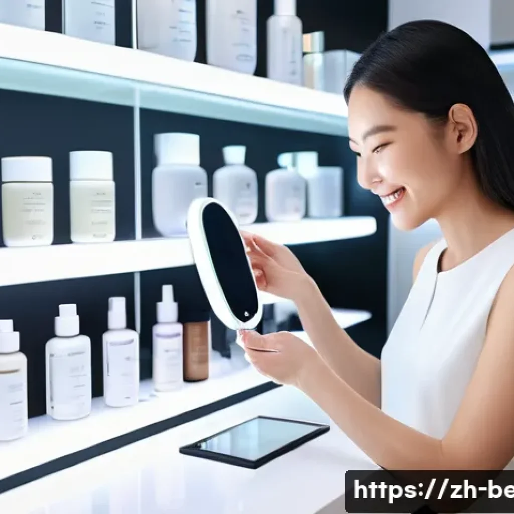 뷰티컨설턴트 관련 학습 자료 소개 - A modern beauty consultant in a sleek, well-lit skincare studio, demonstrating a skin testing proced...
