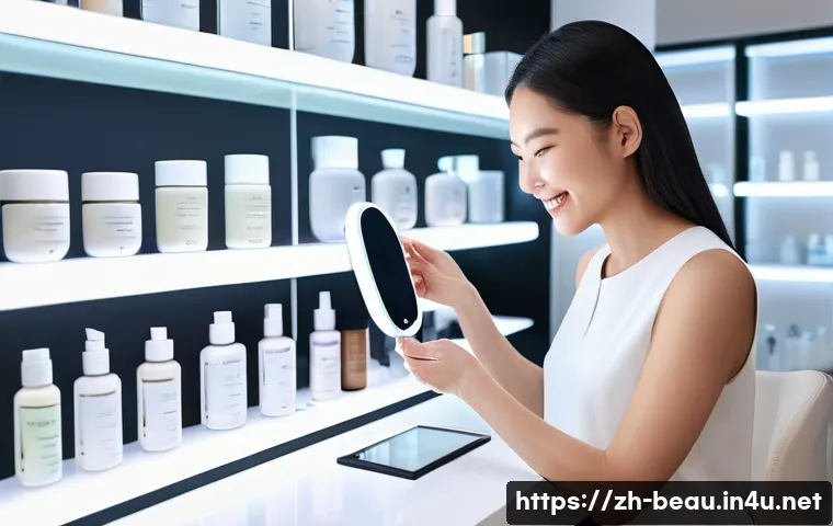 뷰티컨설턴트 관련 학습 자료 소개 - A modern beauty consultant in a sleek, well-lit skincare studio, demonstrating a skin testing proced...