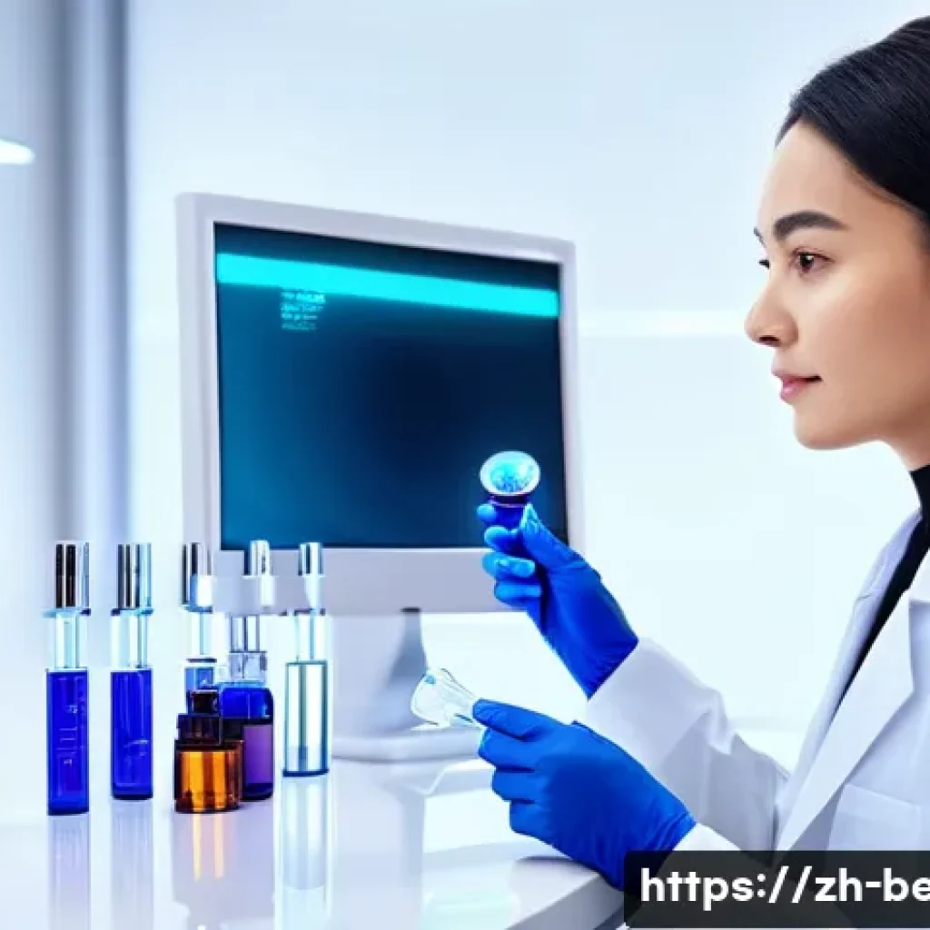 뷰티컨설턴트 전문가 포럼 후기 - A modern skincare laboratory scene showcasing advanced nanotechnology and bioenzyme applications, fe...
