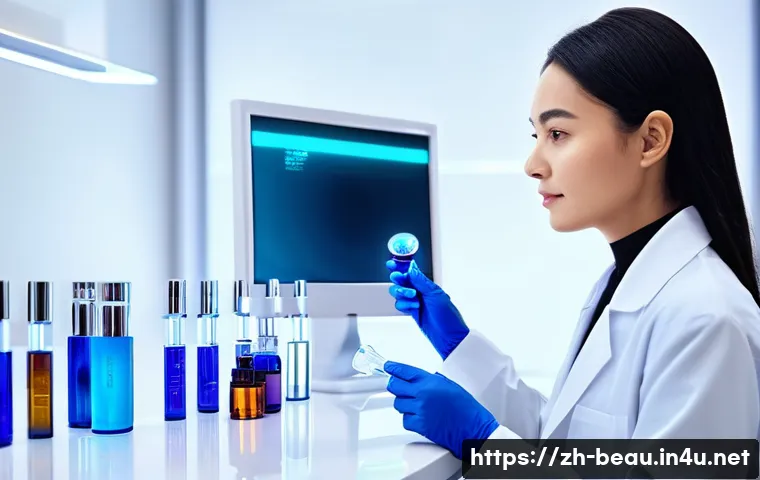 뷰티컨설턴트 전문가 포럼 후기 - A modern skincare laboratory scene showcasing advanced nanotechnology and bioenzyme applications, fe...