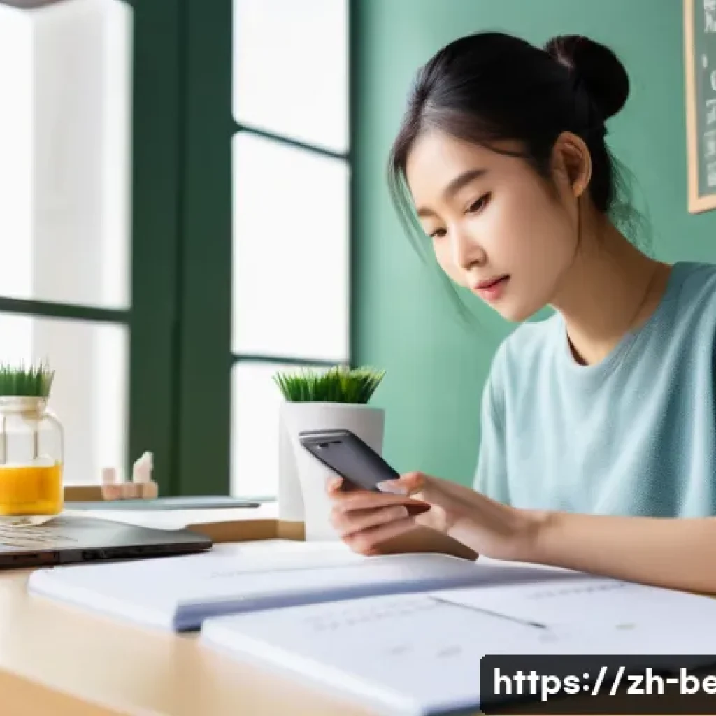 뷰티컨설턴트 필기시험 공부법 - A focused young Asian woman studying at a tidy desk in a modern, bright room, surrounded by organize...