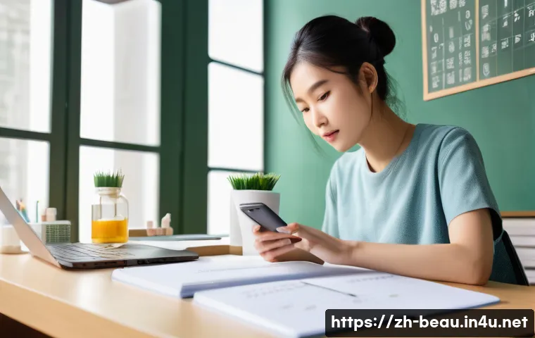 뷰티컨설턴트 필기시험 공부법 - A focused young Asian woman studying at a tidy desk in a modern, bright room, surrounded by organize...