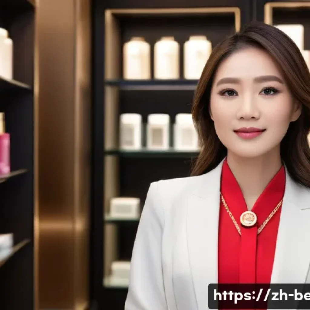 뷰티컨설턴트 자격증 활용 사례 연구 - A professional beauty consultant wearing elegant, modern business attire and a visible certification...